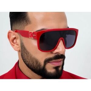 Red Shield Sunglasses Black Lens Flat Top Oversized Fashion Men Street Gafas New